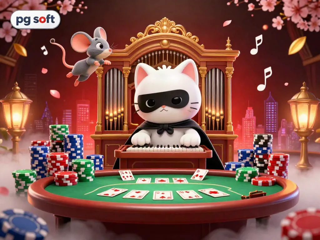Experience thrilling gameplay with pg soft in this enchanting casino scene featuring a whimsical cat and vibrant poker elements.