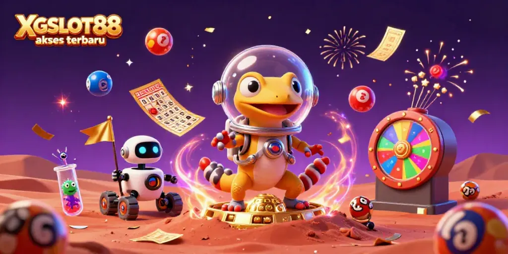 Gambarkan XGSLOT88 akses terbaru dengan kasino Mars yang berkilau dan karakter luar angkasa merayakan kemenangan.