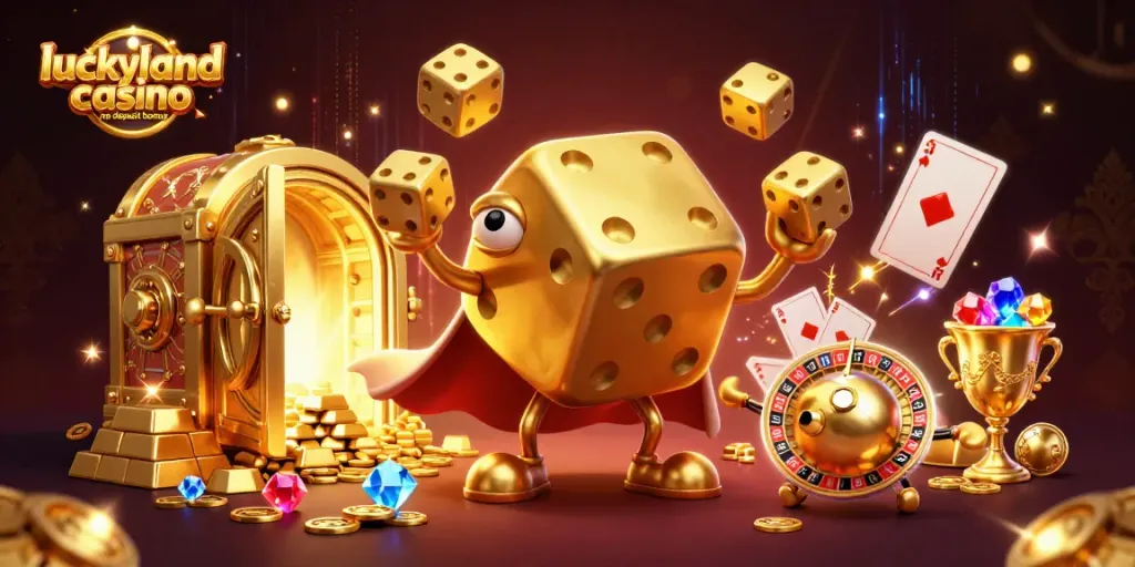 Spin to win at LuckyLand casino no deposit bonus, showcasing golden dice and treasure vaults in a vibrant scene.