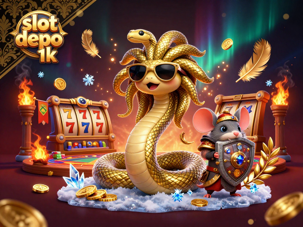 Experience the excitement of slot depo 1k with adorable Medusa and a shielded warrior amidst golden coins and vibrant details.