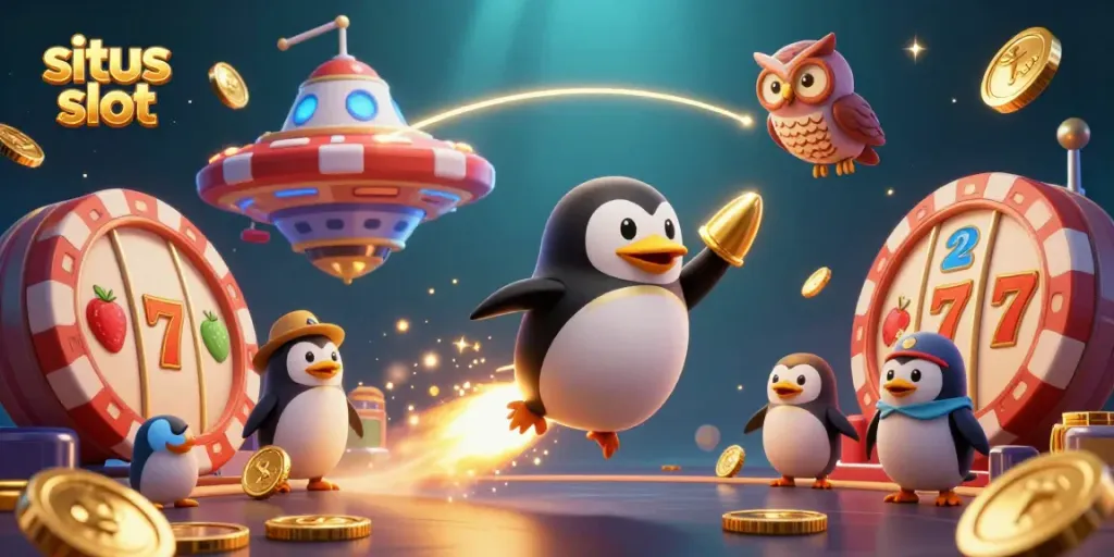 Gambar situs slot menggambarkan penguin emas bertenaga roket menuju kasino berbentuk chip poker, dikelilingi elemen permainan.