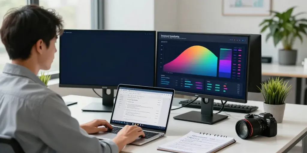 SEO specialist analyzing instant indexing data in a modern office.