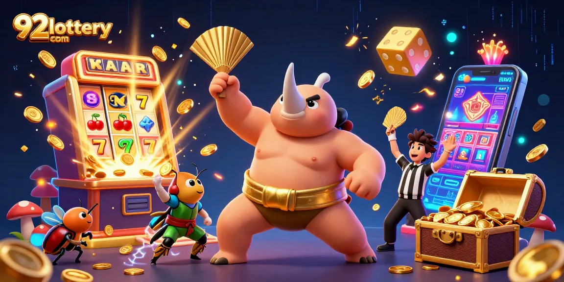 92lottery com brings excitement with a 3D rhinoceros beetle sumo champion stomping coins.