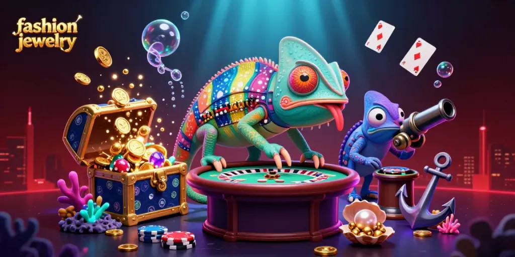 Engage with stunning fashion jewelry surrounded by a vibrant casino scene with glowing treasures.