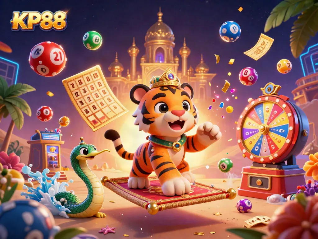 Experience the vibrant gaming world of KP88 with a tiger sultan, genie snake, and floating lottery elements.