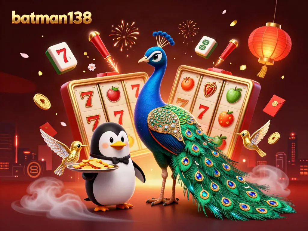 Experience the thrilling batman138 slots with vibrant peacock, golden chips, and dazzling 3D visuals.