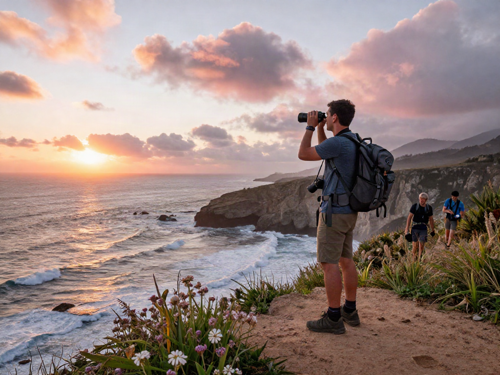 Stunning coastal view at sunrise with adventurer and ocean waves; exploring slot qris 5000.