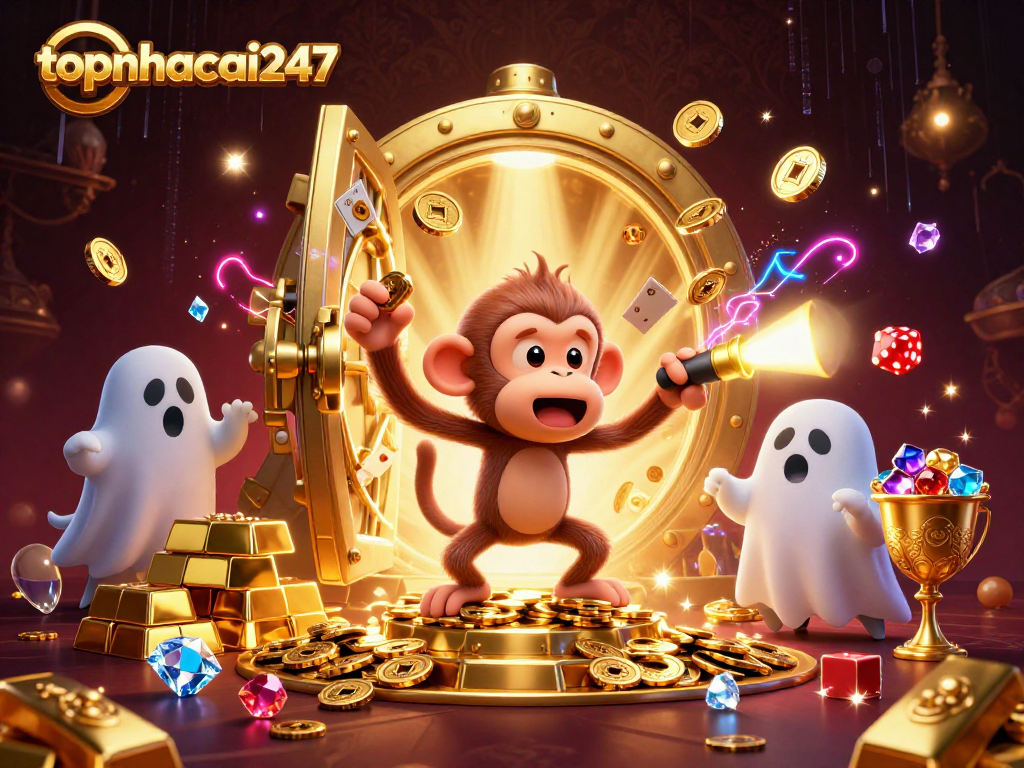 Experience the thrill of topnhacai247 with cartoon characters juggling golden treasures in an engaging haunted casino setting.