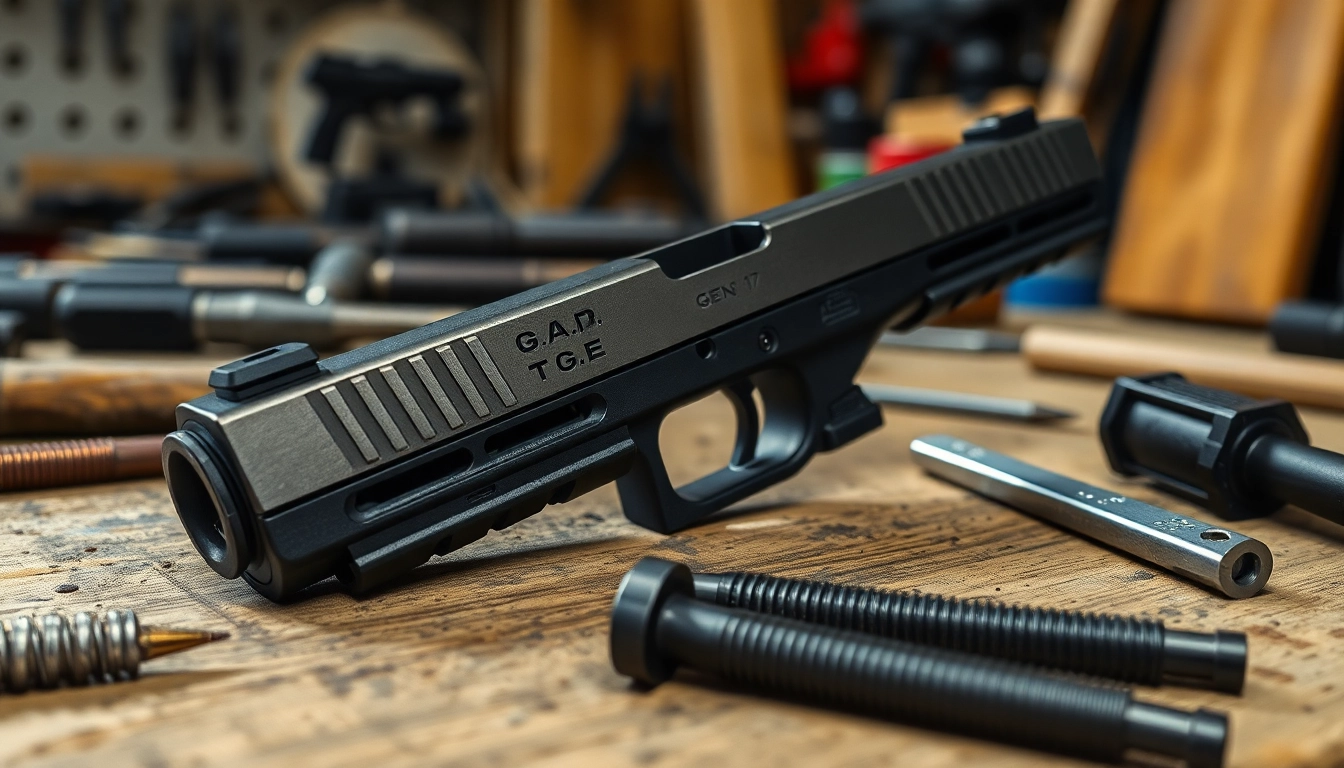 Showcase the glock 17 gen 5 slide with detailed craftsmanship on a workbench