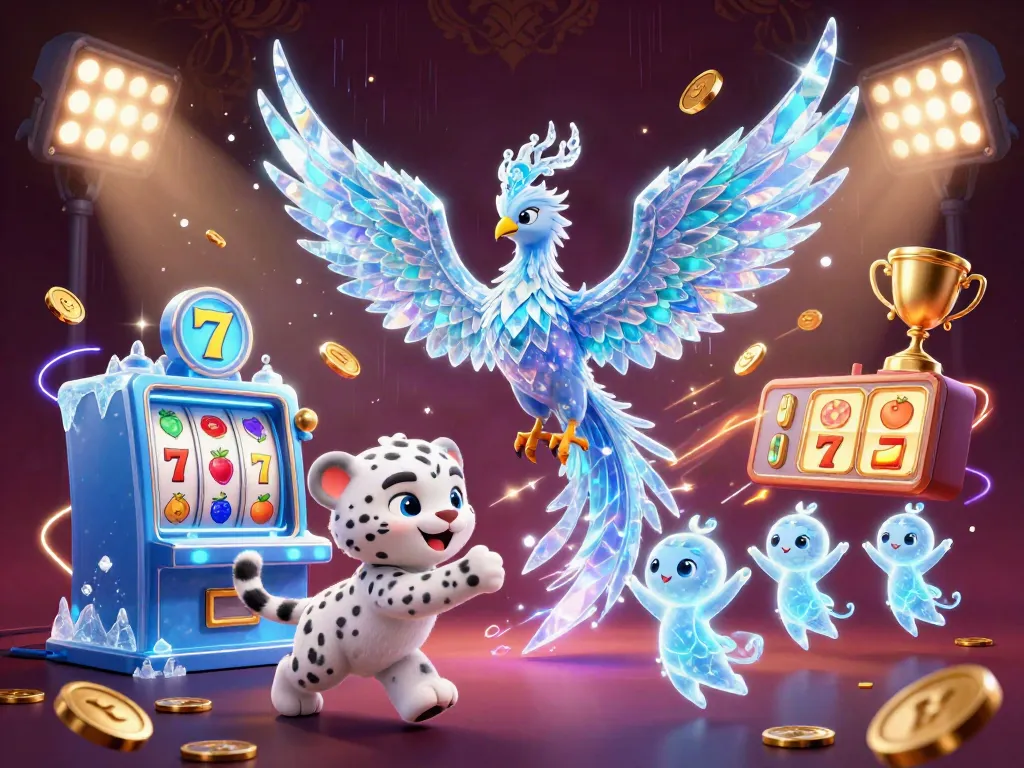Experience thrilling slot games with an ice phoenix and a playful leopard cub amidst glittering casino elements.