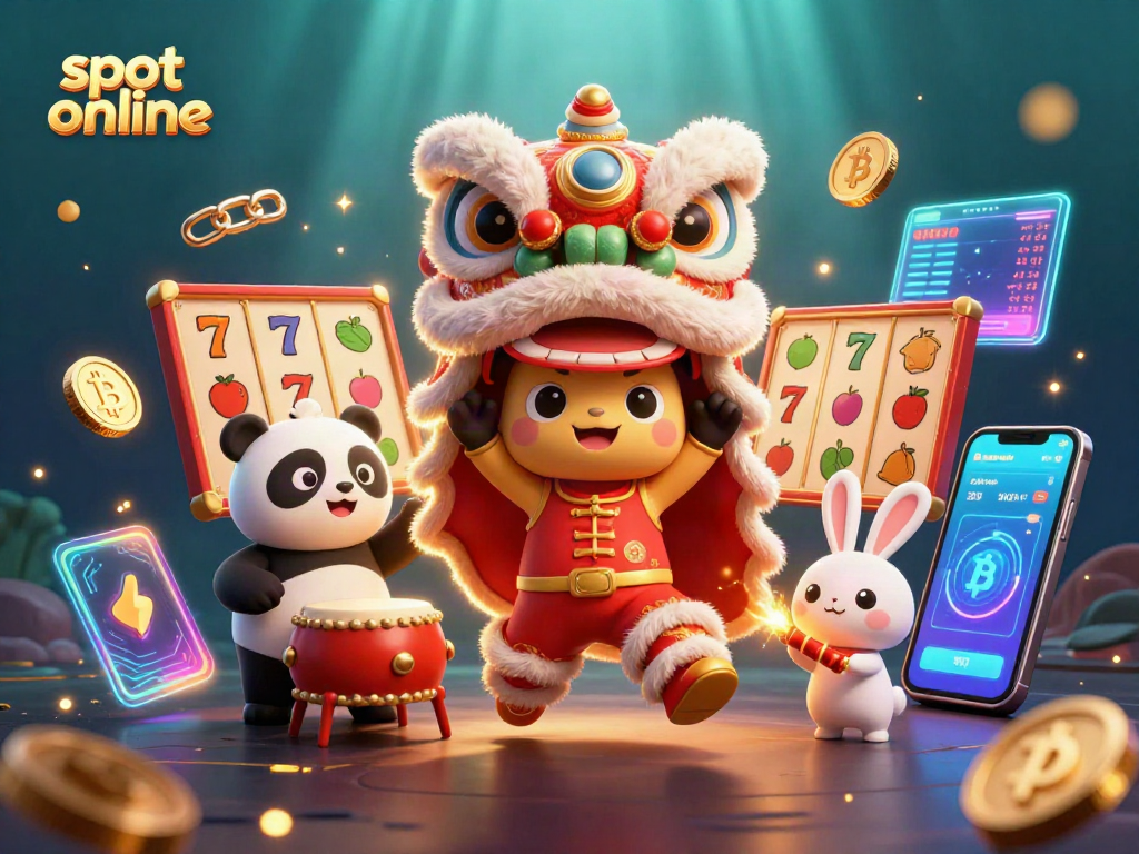 Celebrate slot online fun with a lion dance, drumming panda, and vibrant casino elements.