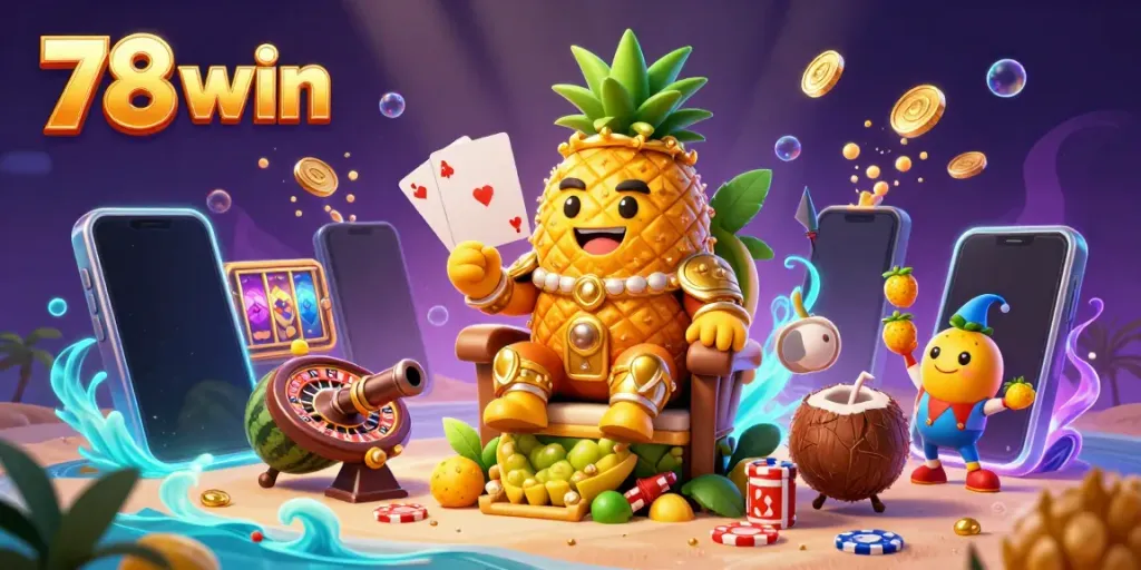 Engage with the 78 win casino scene featuring the golden pineapple king and lively gaming elements.
