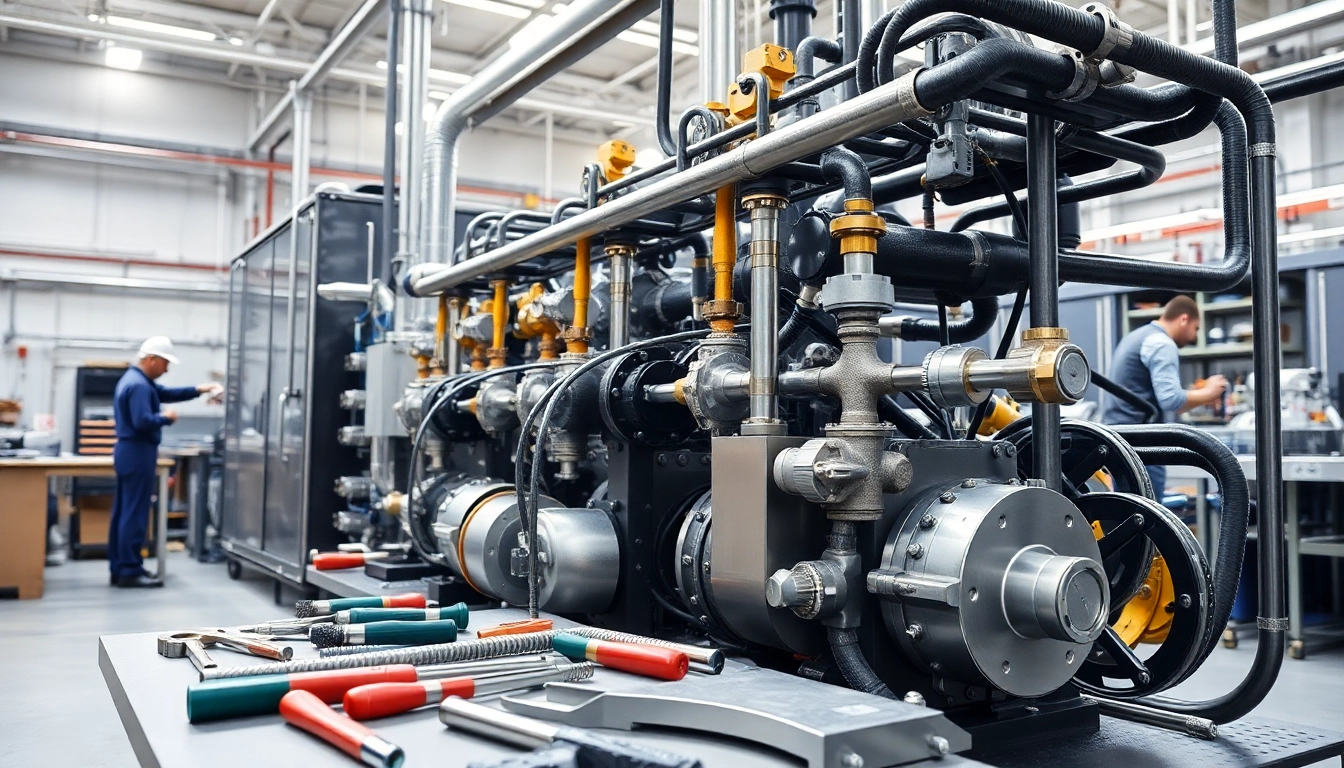Fluid power systems operating in an industrial workshop, showcasing engineering complexity.