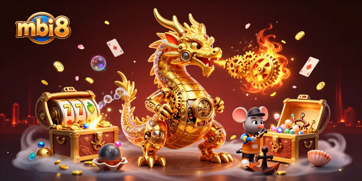 Experience thrilling gameplay at mbi 8 with a dynamic 3D scene depicting a biomechanical dragon and gaming elements.