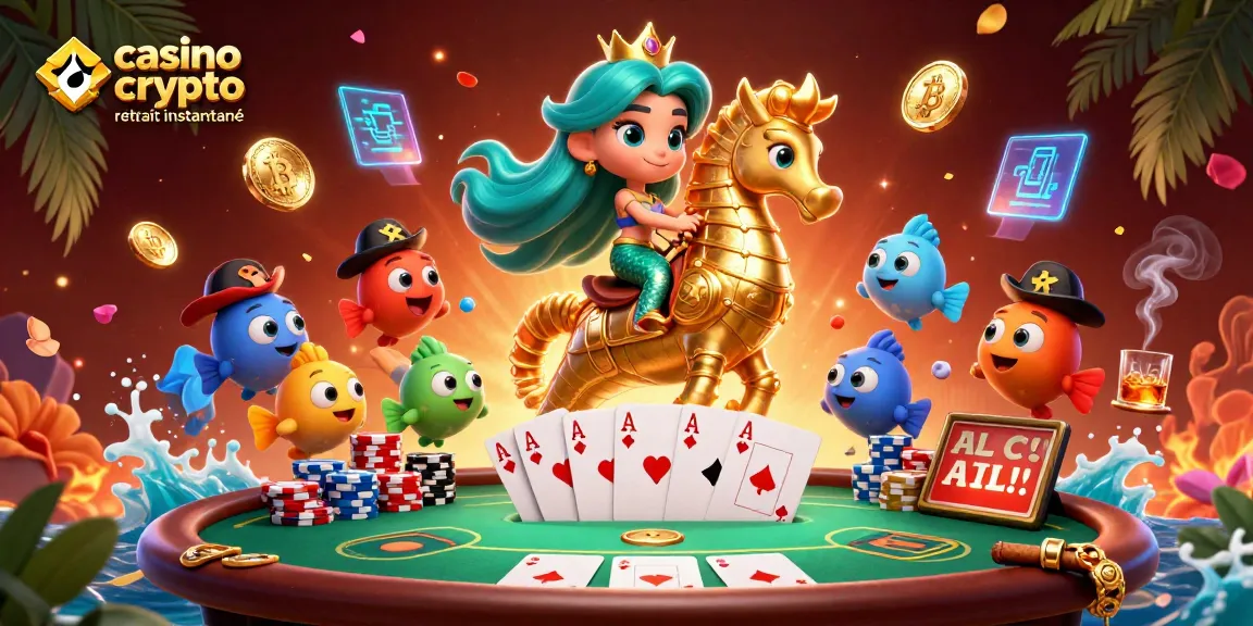 Une illustration dynamique de "casino crypto retrait instantané" avec une sirène et des pièces Bitcoin.