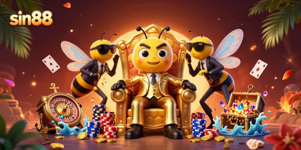 Engage with sin88's rich casino world featuring a bumblebee mob boss and vibrant game elements.