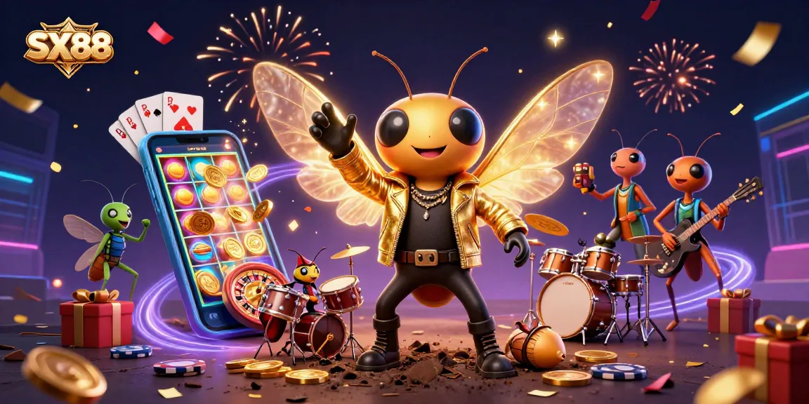SX88 engages players with vibrant casino experience featuring animated characters and gambling elements.