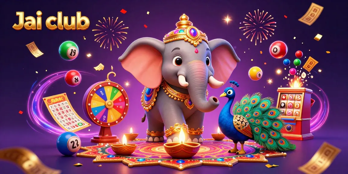 Engage with Jai club's vibrant gaming scene featuring an ornate elephant amidst lottery excitement.