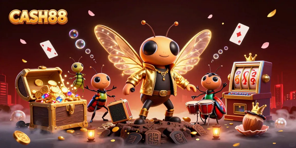 CASH88 promo showcasing a vibrant casino scene with a cicada rock star, lively slot games, and dazzling visuals