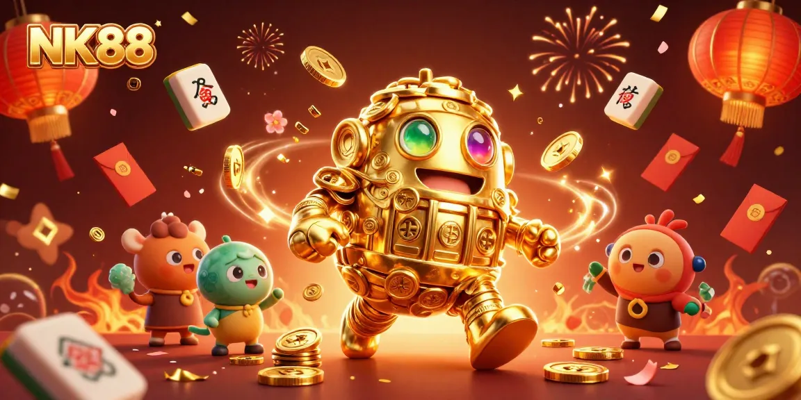 Experience thrilling gameplay with NK88's ancient golden golem in a vibrant casino celebration scene.