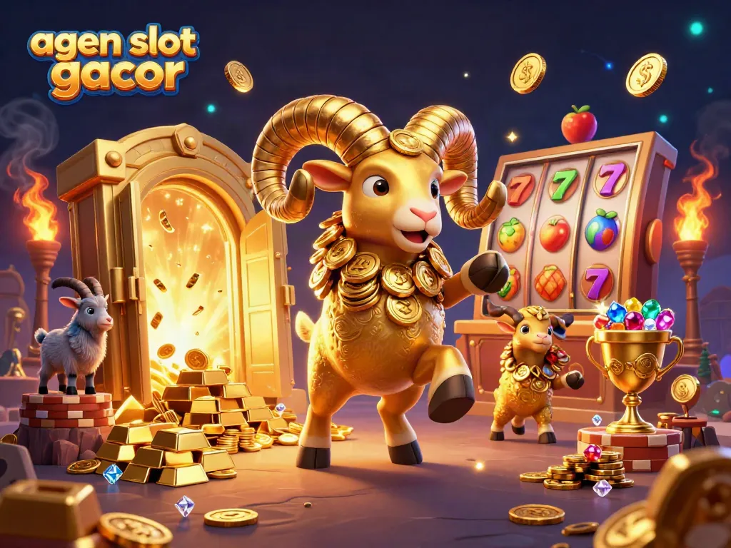 Engage with the vibrant agen slot gacor scene showcasing a golden ram amidst dynamic slot reels and treasures.