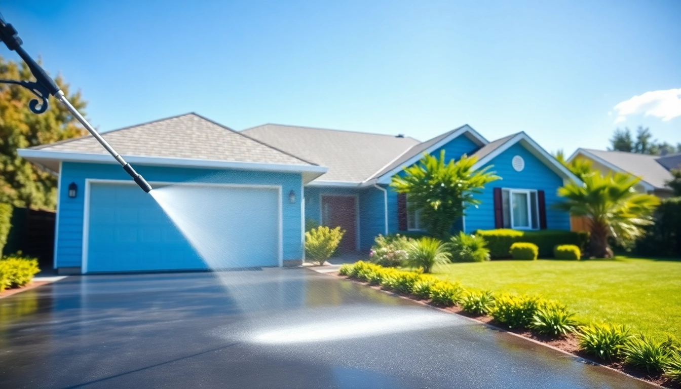 House Washing service revitalizing a bright blue house, showcasing clean exteriors.