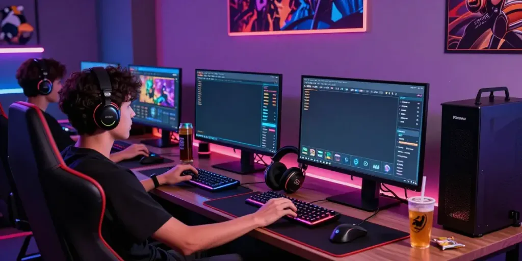 Immersive PG SLOT gaming setup with glowing screens and snacks