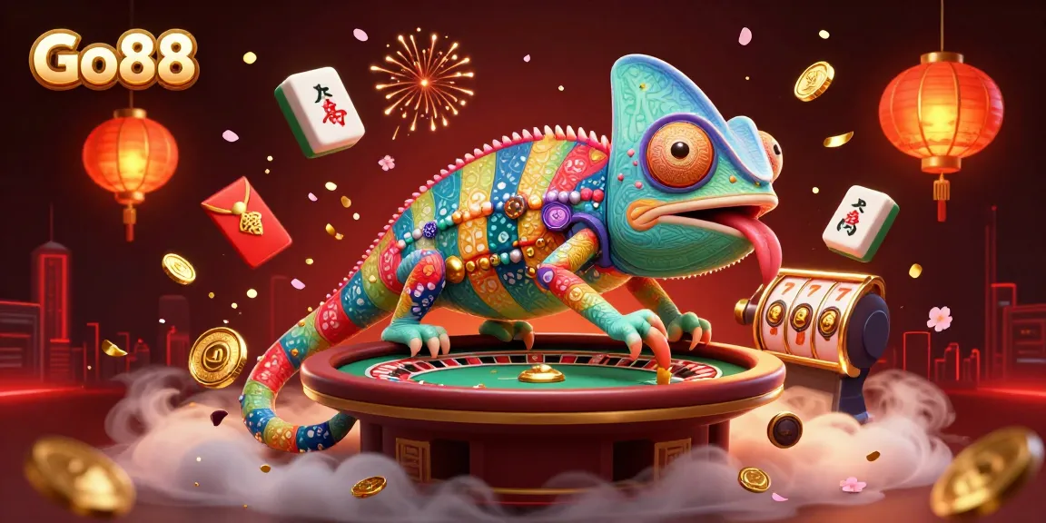Experience thrilling games at Go88 with a vibrant casino scene led by a colorful chameleon.