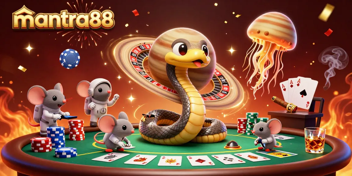 Experience thrilling bets and wins with mantra88 in a vibrant 3D casino scene filled with characters and games.