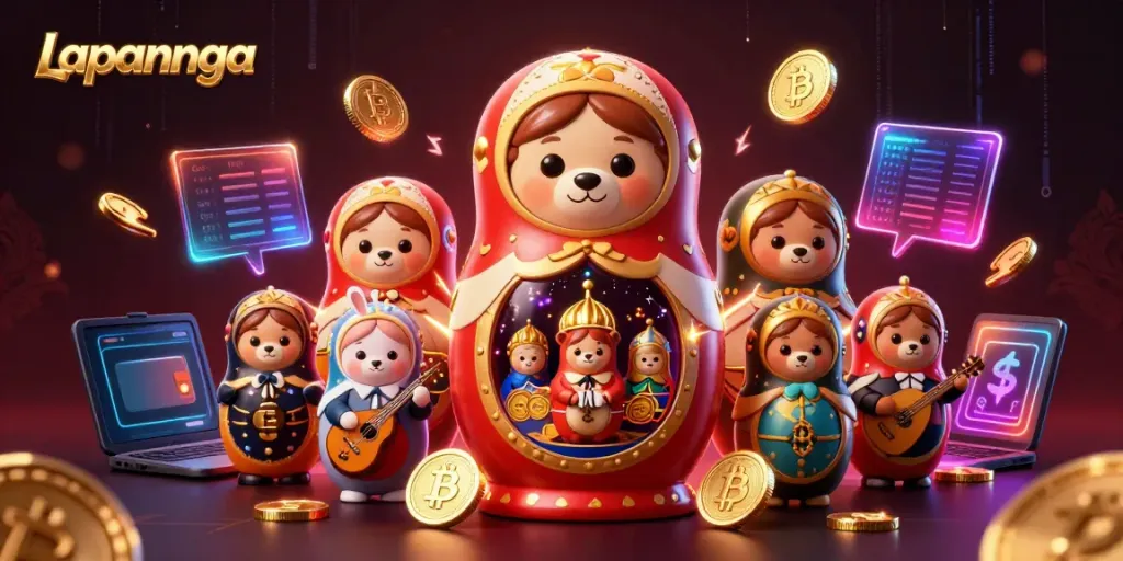Engage with thrilling Lapannaga gaming visuals featuring 3D casino characters and crypto elements.