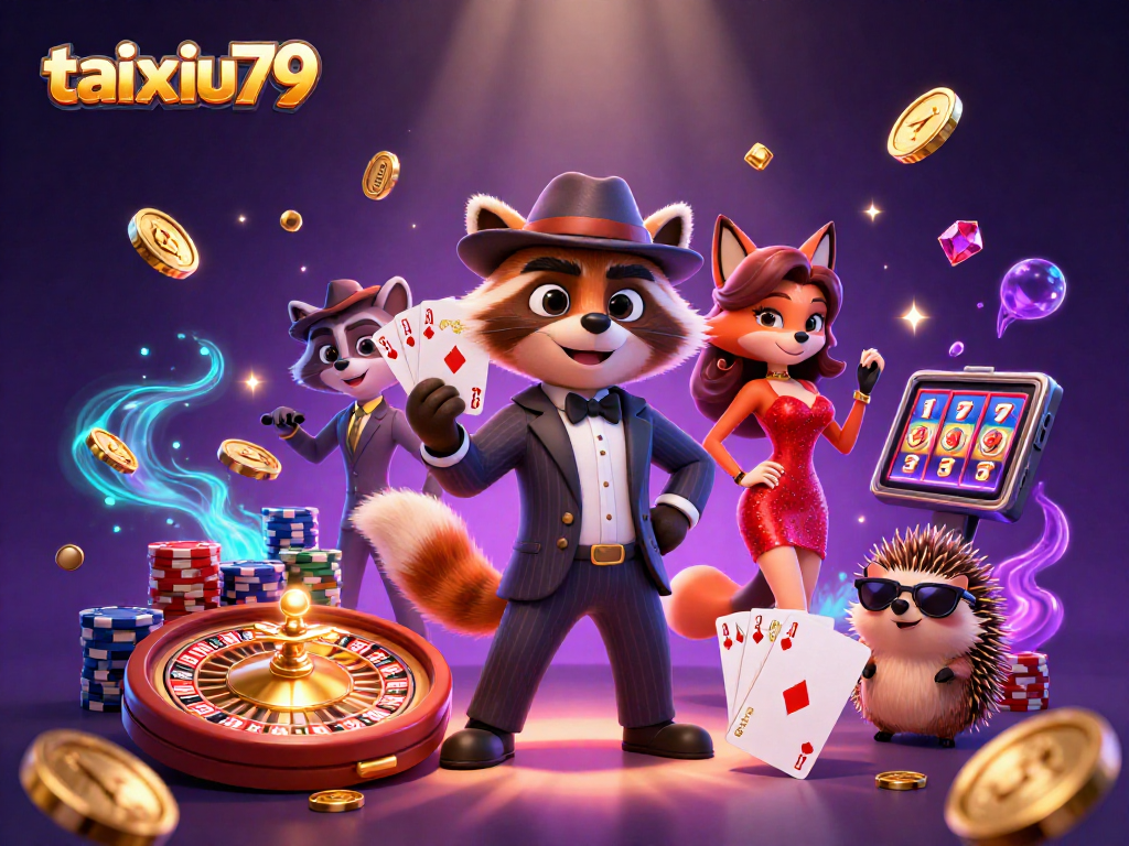 Experience thrilling gameplay at taixiu79 with raccoon, fox, and hedgehog characters in dynamic 3D casino illustration.