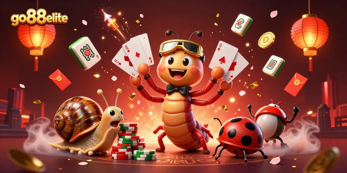 Join the excitement at go88elite with a high-roller snail and a millipede dealer in this vibrant casino scene.
