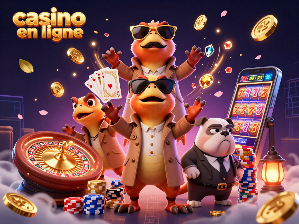 Casino en ligne : trois raptors déguisés tentant d'entrer dans un lounge VIP, entourés de jetons et pièces d'or.