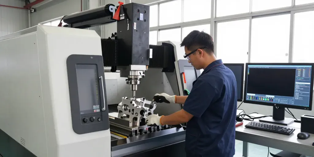 Expert technician operating CNC milling machine for cnc machined stainless steel parts in a well-lit workshop.