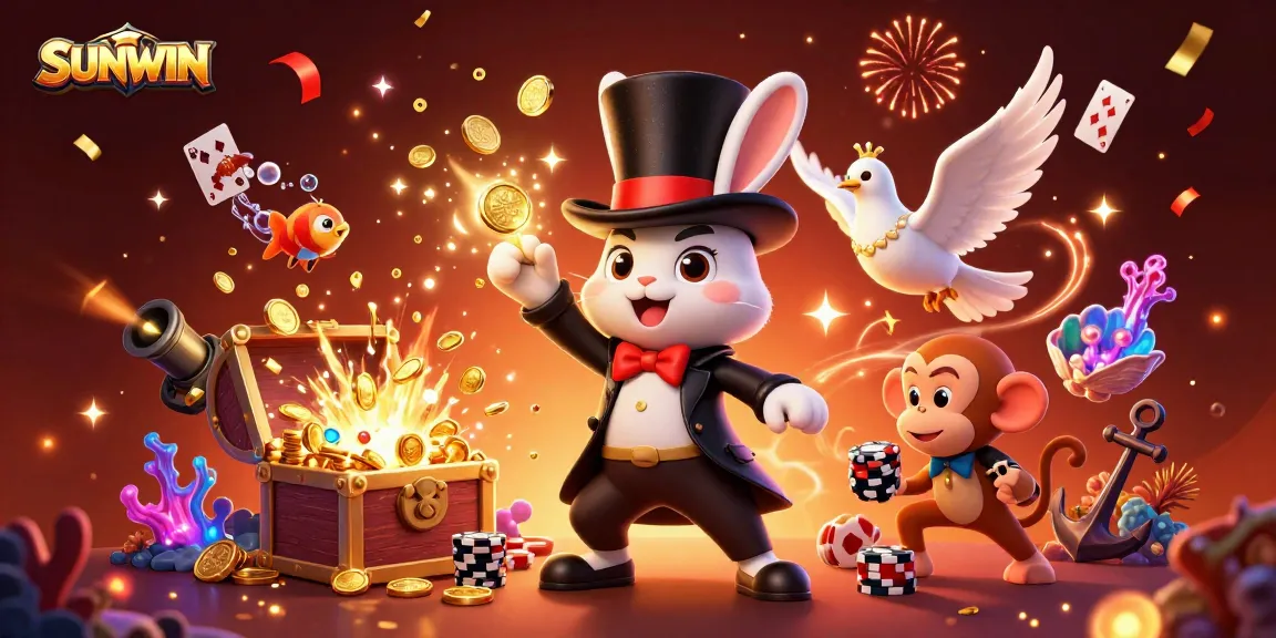 SUNWIN's dynamic online gaming scene showing a magician rabbit pulling coins, with festive elements among casino symbols.