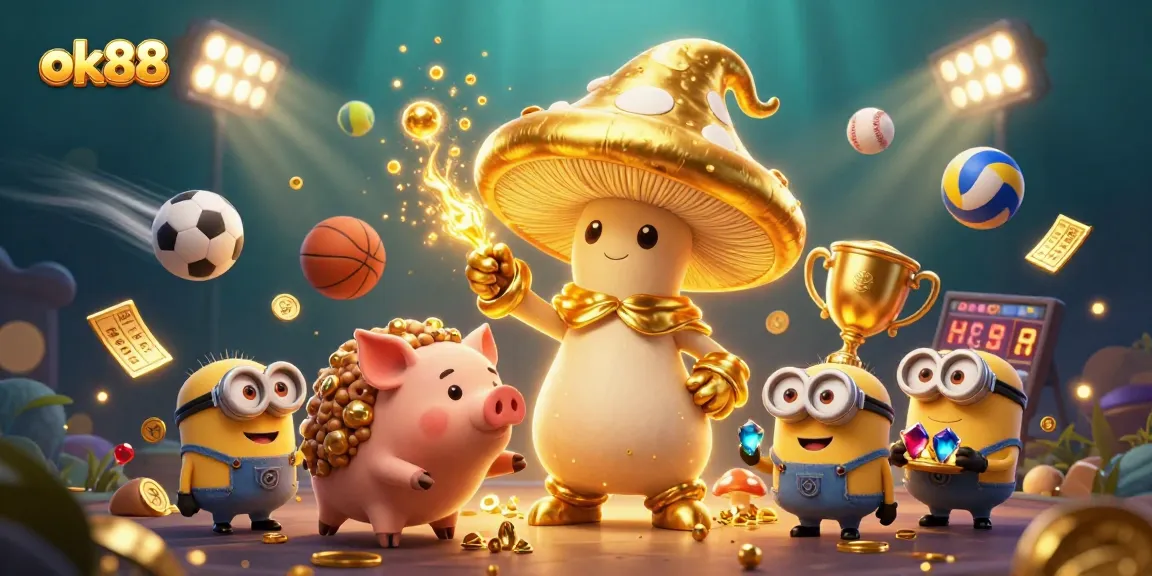 Experience thrilling gaming with ok88, showcasing a magical mushroom wizard and dynamic sports betting elements!