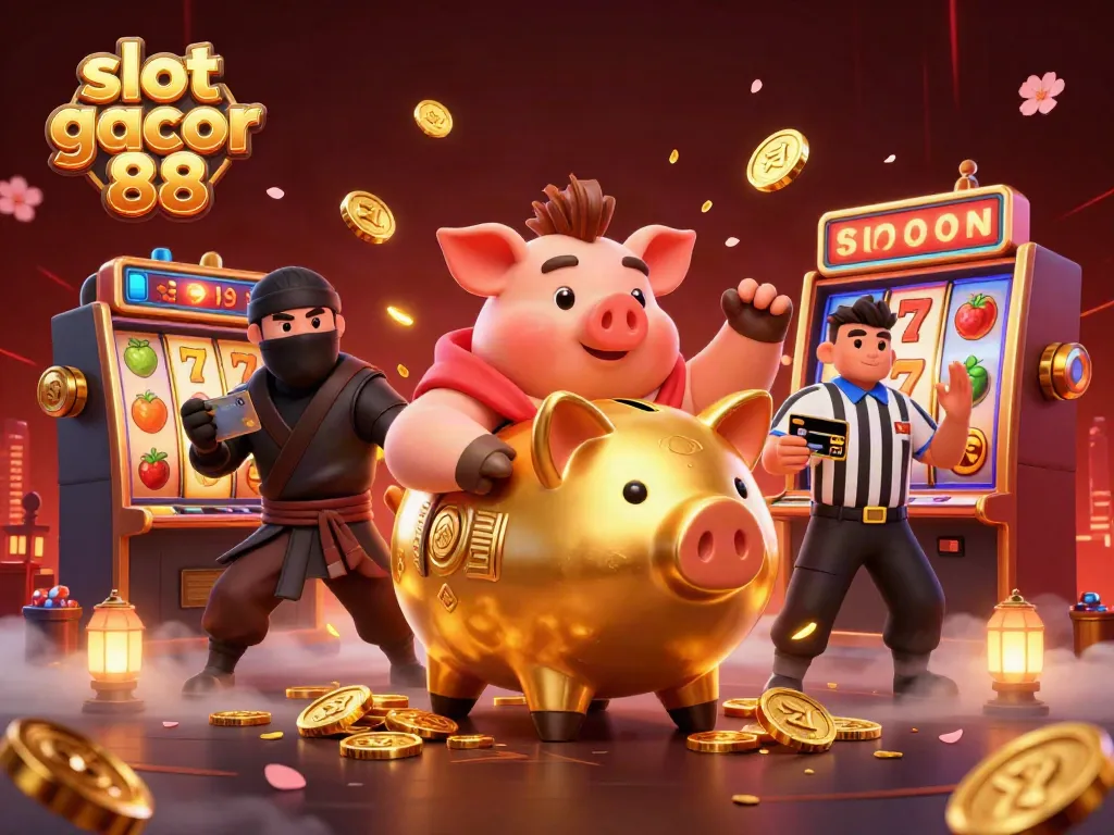 A 3D scene depicting a golden piggy bank sumo wrestler, wallet-ninja, and credit-card samurai surrounded by slot machine reels, reflecting the excitement of slot gacor 88 gameplay.