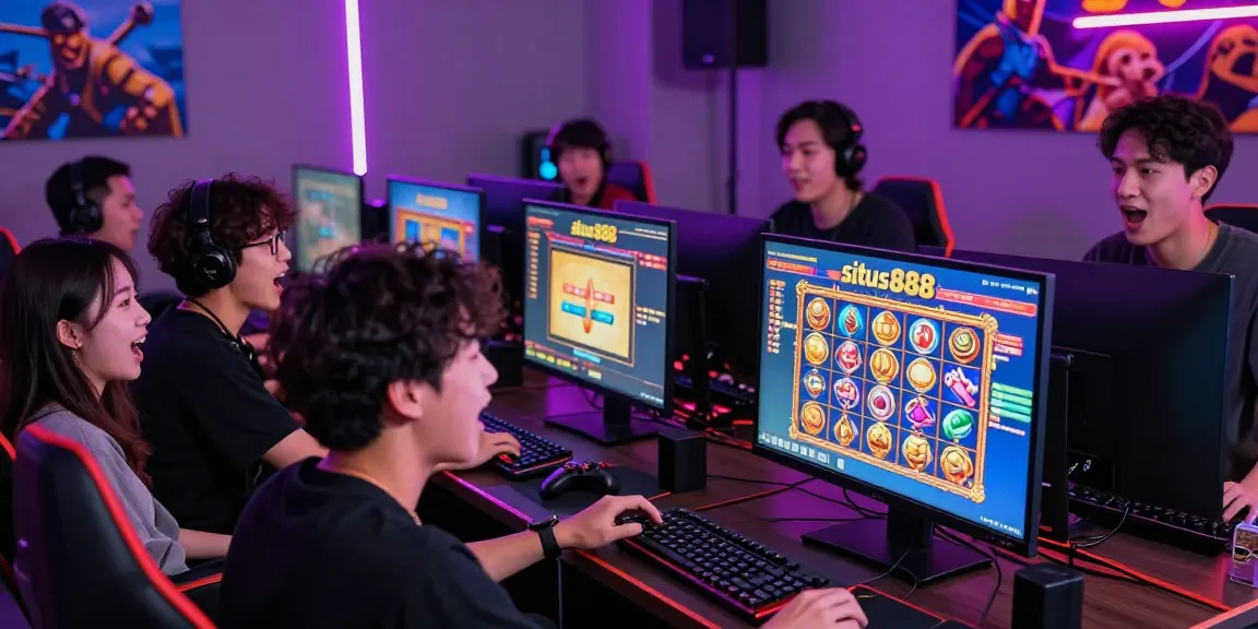 Excited gamers enjoying situs 888 online slots in a vibrant gaming environment.