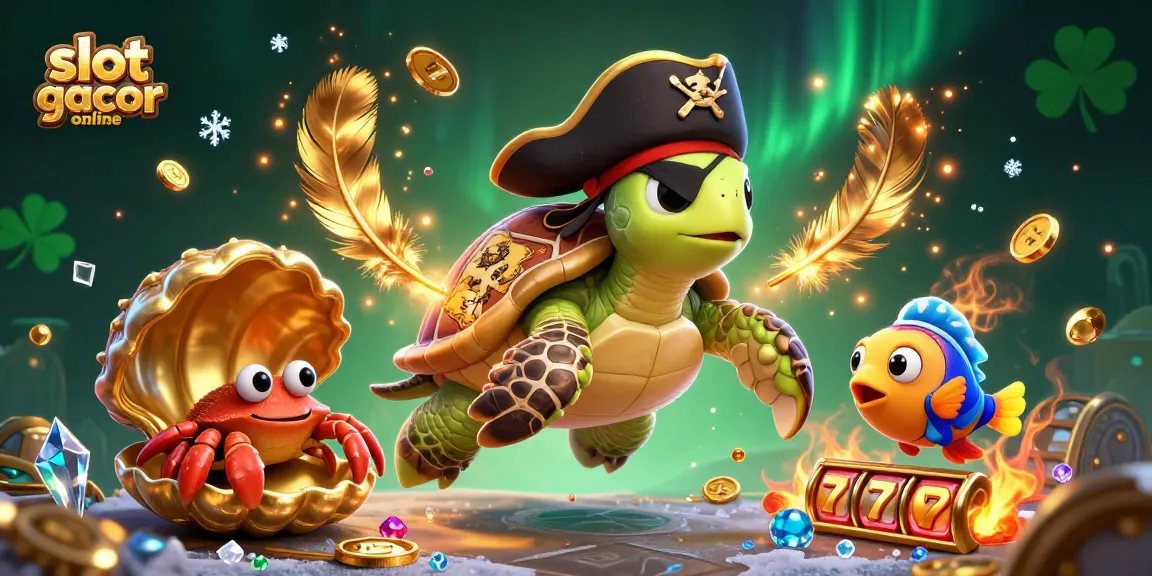 Permainan slot gacor online dengan karakter kura-kura dan kepiting, dikelilingi koin emas dan simbol kemenangan.