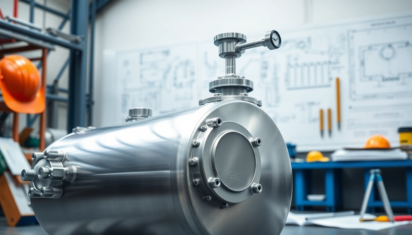 Engineers analyzing Pressure Vessel Design with blueprints and tools in a professional setting.