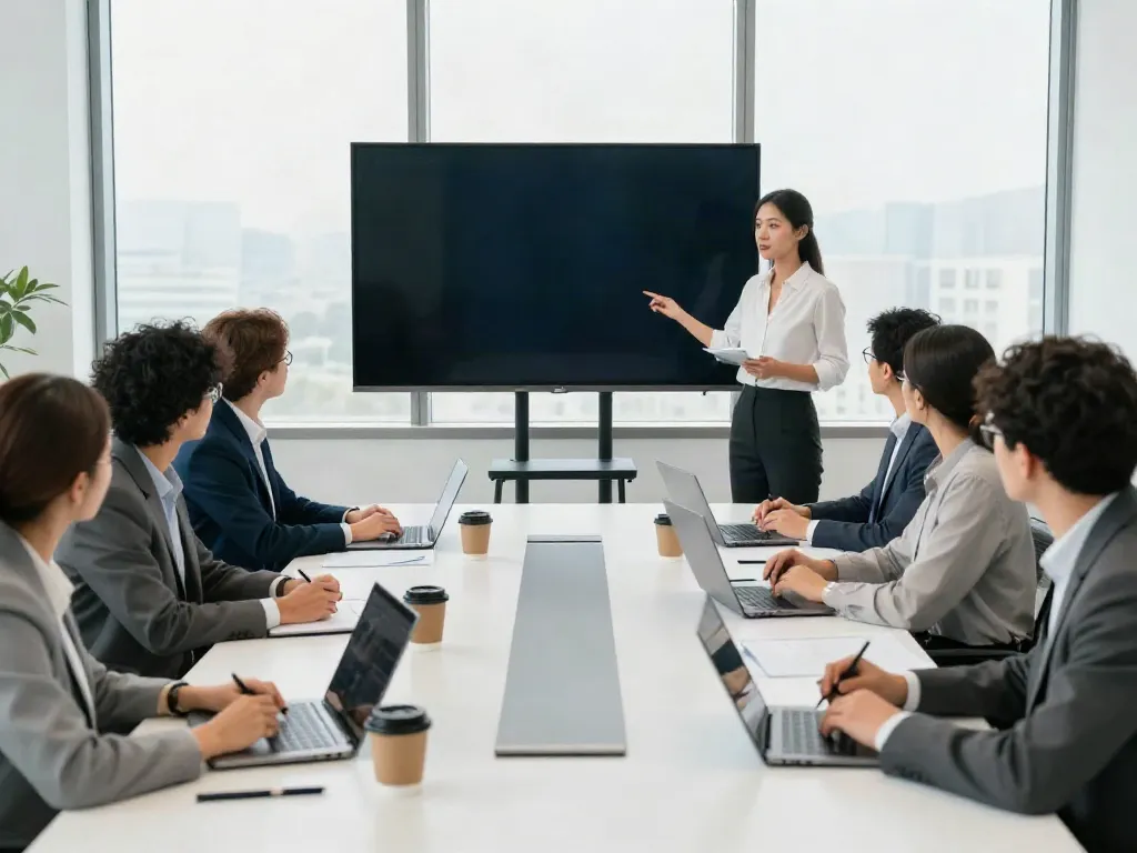 A team collaborating in a corporate setting while agreeing with strategic insights during a meeting.