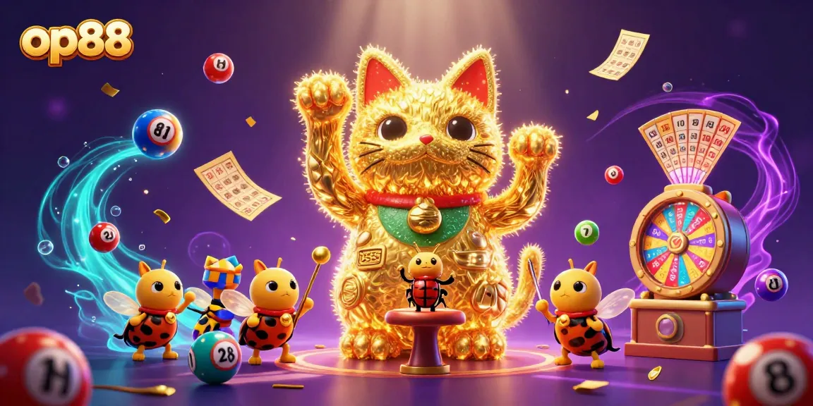 Experience the exciting world of op88 with dynamic casino symbols and vibrant playful characters.