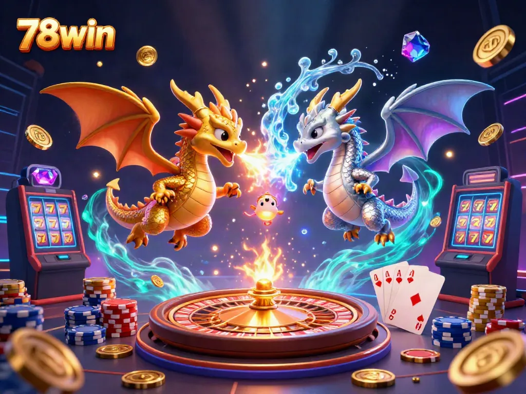 Engage in thrilling gameplay at 78win with dynamic dragons and shining casino elements in 3D.