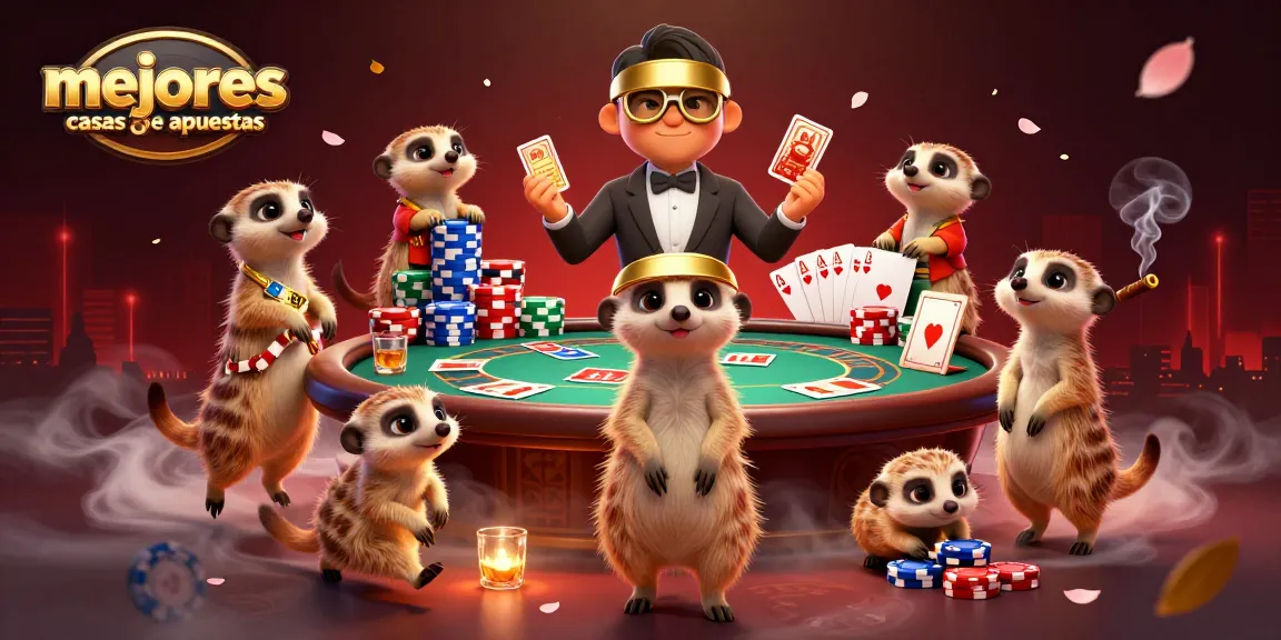 Mejores casas de apuestas mostrando suricatas en un casino, con mesas y fichas coloridas.