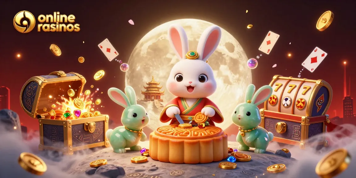 Engage in exciting gameplay at online arab casinos illustrated with a moon rabbit, poker chips, and vibrant casino elements.