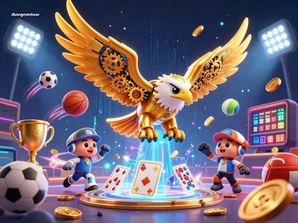 Experience duongmatchuoc action with a dynamic 3D scene featuring a golden eagle amidst holographic cards and sports elements.