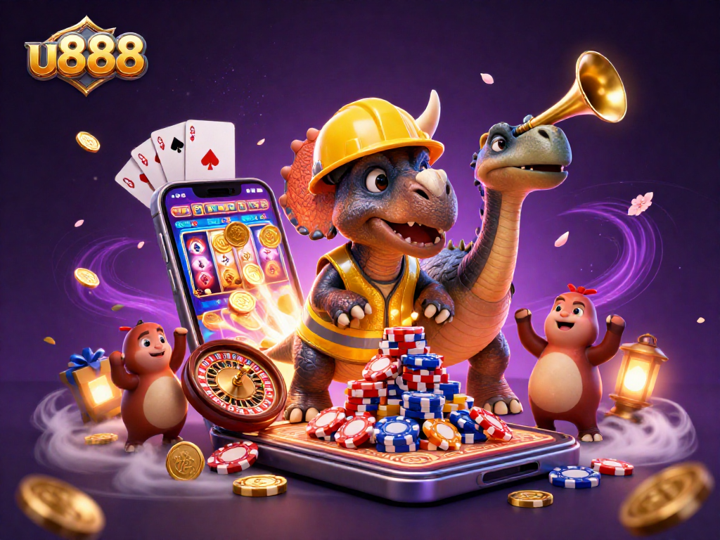Engage with u888 in a vibrant 3D casino scene filled with exciting gaming elements and joyful characters.