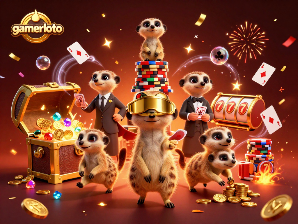 Experience the thrilling gaming action at gamerloto, featuring meerkat dealers and slot machines in a vibrant casino.