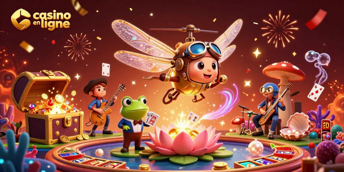 Illustration festive de casino en ligne mettant en scène un pilote libellule, un croupier grenouille, et des musiciens insectes.