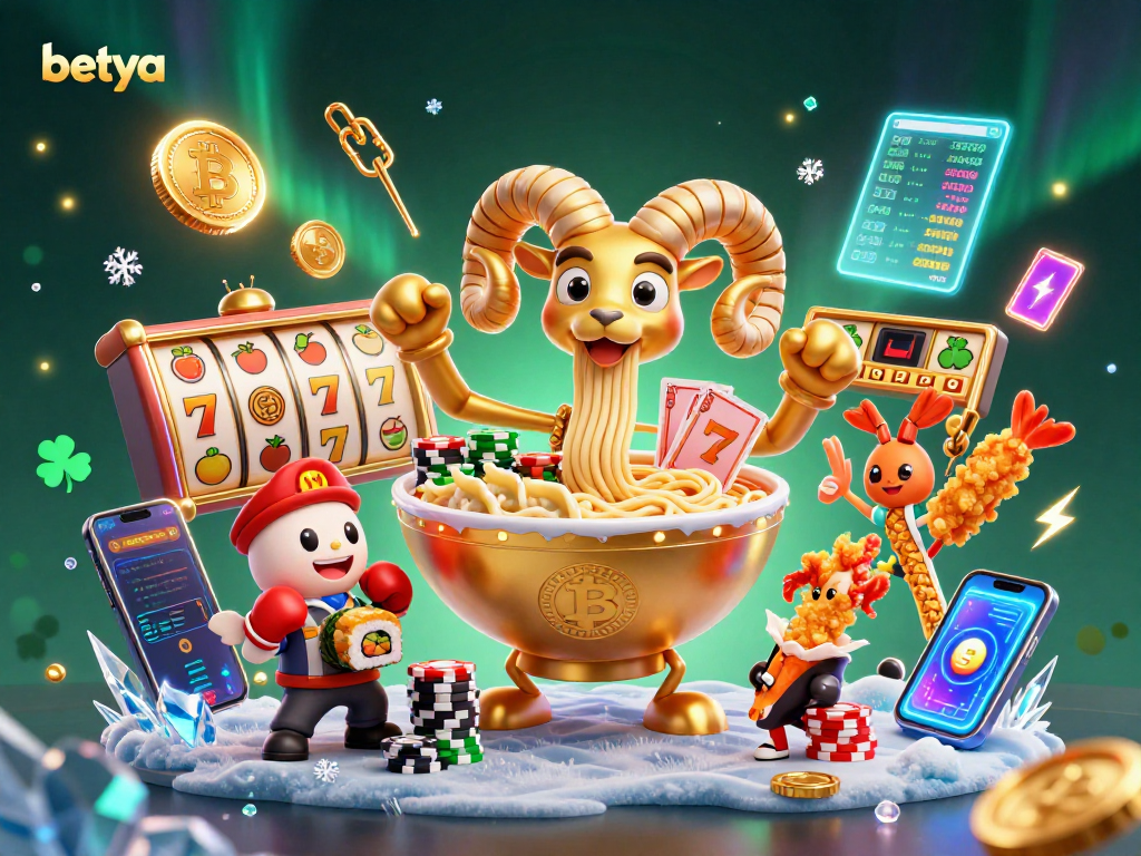 Betya showcases a vibrant 3D casino scene featuring an animated ramen bowl dealing slots and crypto elements.
